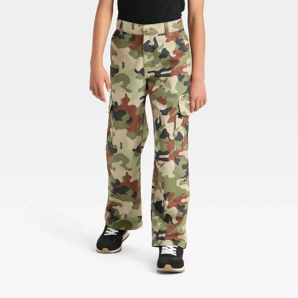 Cat & Jack Boys Baggy Cargo Pants Camo Khaki Reinforced Knee Size 7